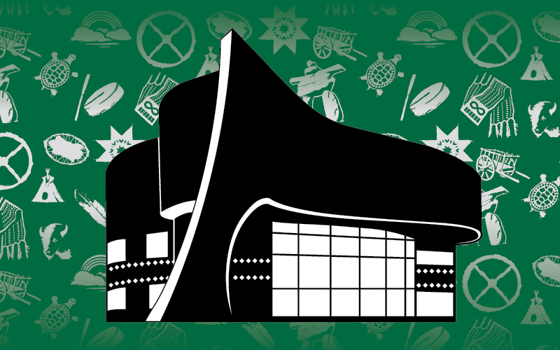 A black-and-white rendering of the Gordon Oakes Red Bear Student Centre superimposed over a green background featuring USask's Indigenous symbols in white