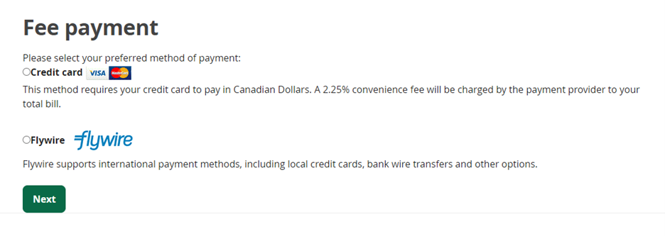 Screenshot depicting choice of Flywire versus Visa/Mastercard payment methods