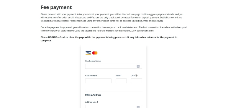 Screenshot of Visa/Mastercard payment portal