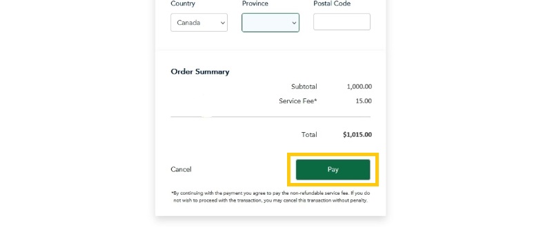 Screenshot of the Visa/Mastercard order summary