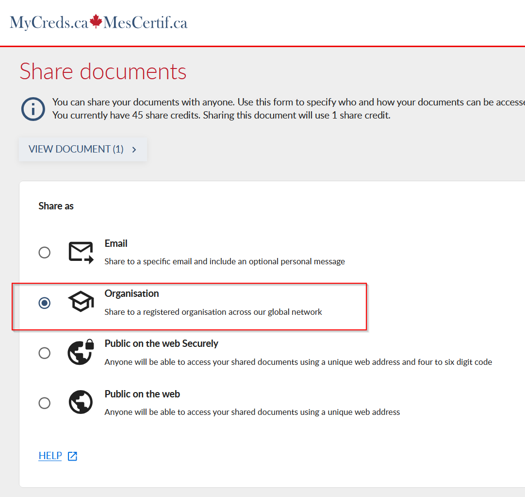 MyCreds share documents selection screenshot